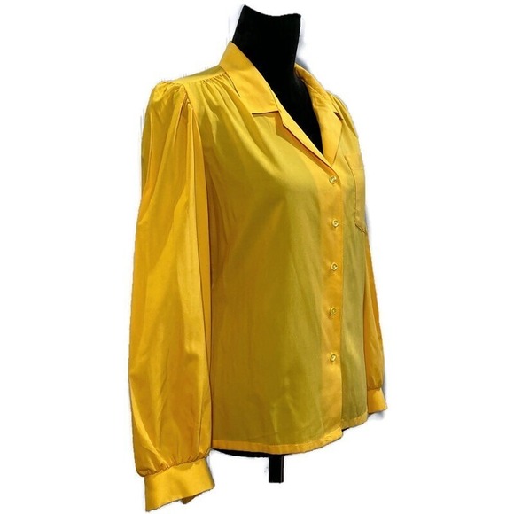 VTG JUDY BOND Shirt SIZE 12 Gold Mustard Solid No stretch Button Full Long Sl - Picture 2 of 6